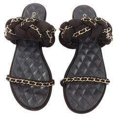 CHANEL 2017 braided suede chain CC logo open toe slip on flat sandals EU37C