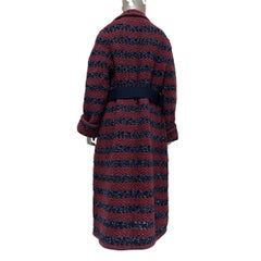Chanel 2017 Burgundy Navy Bouclé Striped Longline Coat with CC Buckle