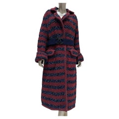 Chanel 2017 Burgundy Navy Bouclé Striped Longline Coat with CC Buckle
