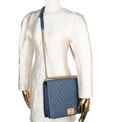 Chanel 2017 Caviar Quilted Large Boy Flap Blue Leather Shoulder Bag