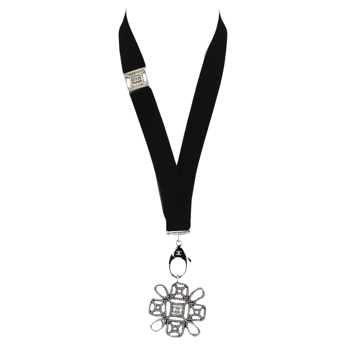 Chanel 2017 Crystal Embellished Medalion Ribbon Necklace