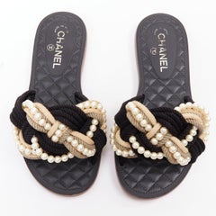 CHANEL 2017 Cuba black cream rope pearl twist slipper sandals EU38
