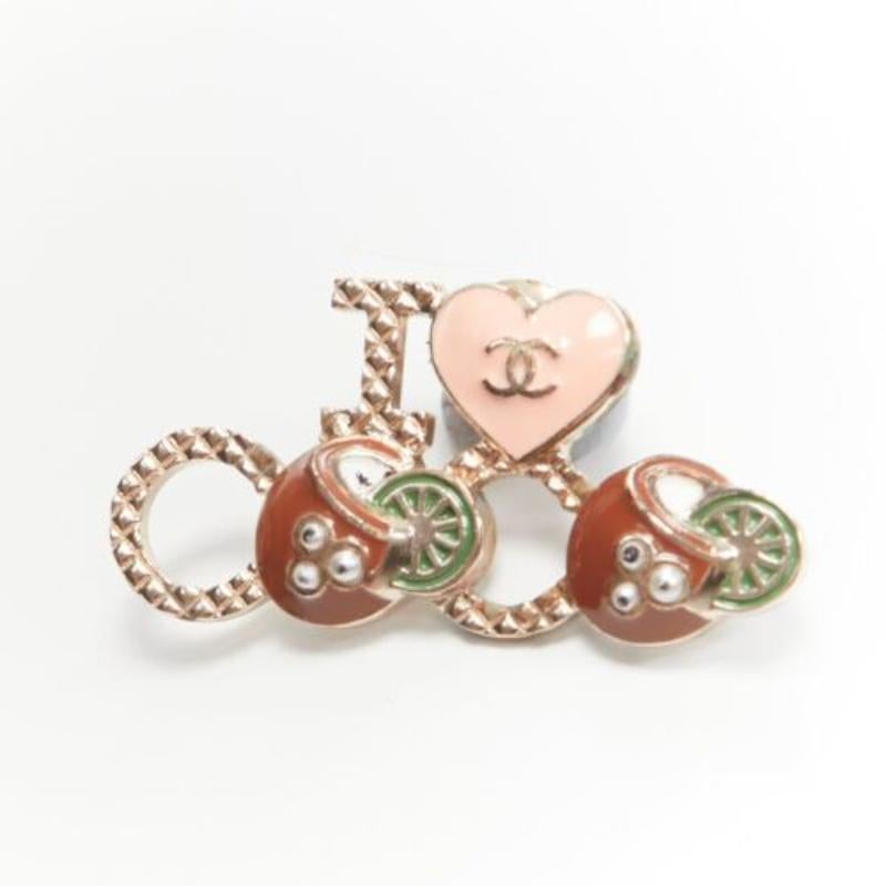 CHANEL 2017 I Love Coco broche de oro rosa corazón verde lima perla de imitación en Bastante bueno estado para la venta en Hong Kong, NT