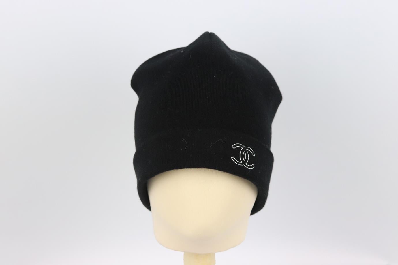 Black Chanel 2017 Logo Printed Cashmere Blend Beanie One Size