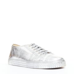 CHANEL 2017 metallic silver leather glitter lace up low top sneakers EU38.5