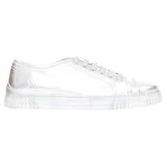 CHANEL 2017 metallic silver leather glitter lace up low top sneakers EU38.5