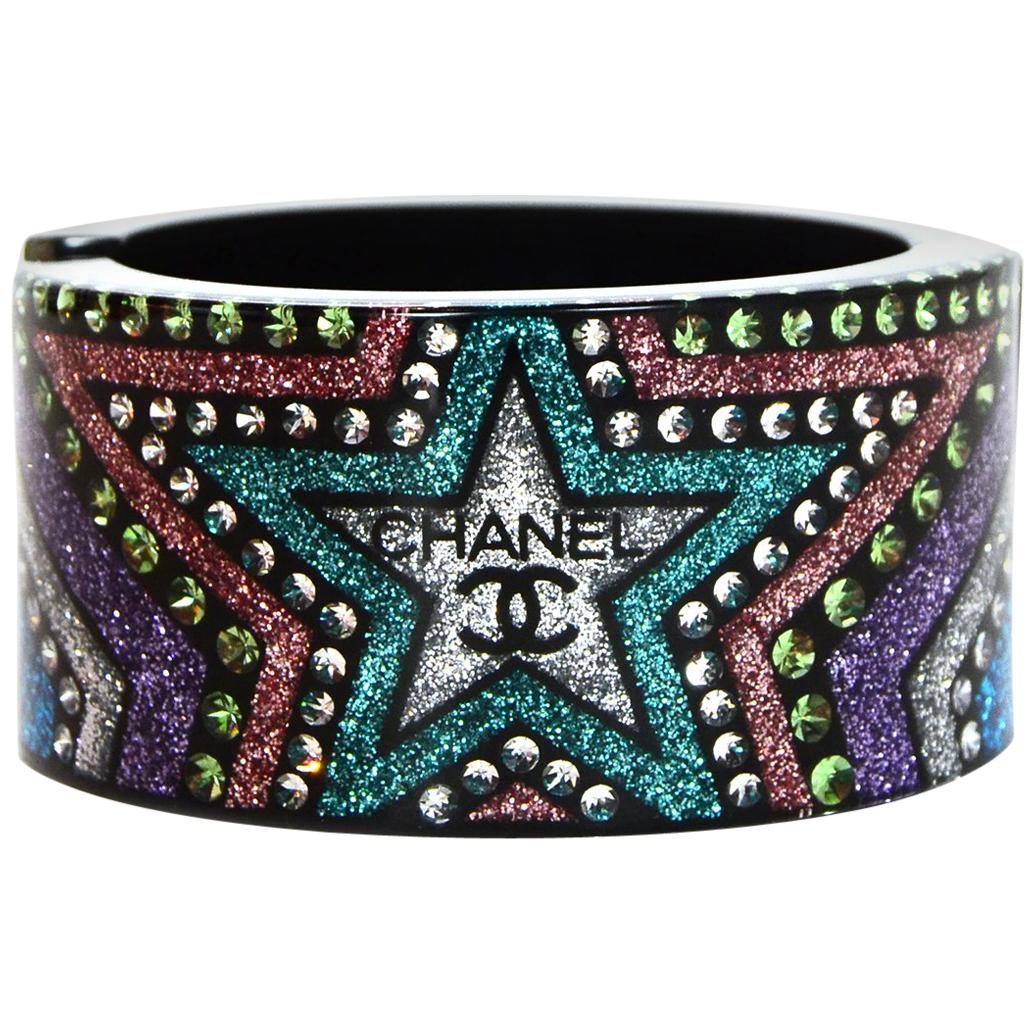 Chanel 2017 Multicolor Resin Glitter Star Cuff Bracelet
