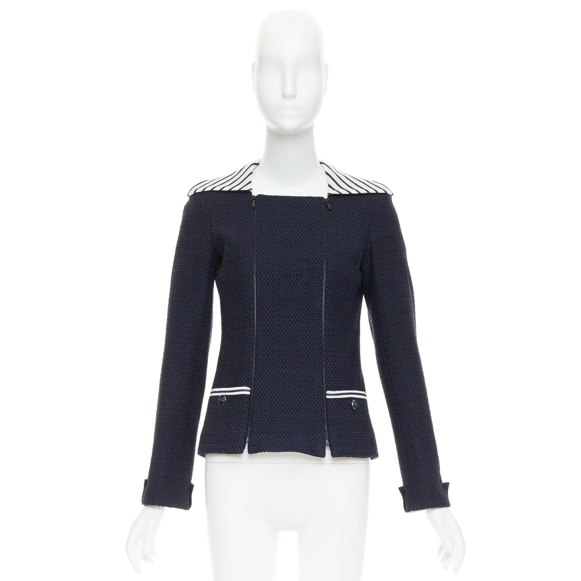 CHANEL 2017 navy weiß schwarz gestreifte nautische Kragen gewebte Jacke FR34 XS im Angebot 5