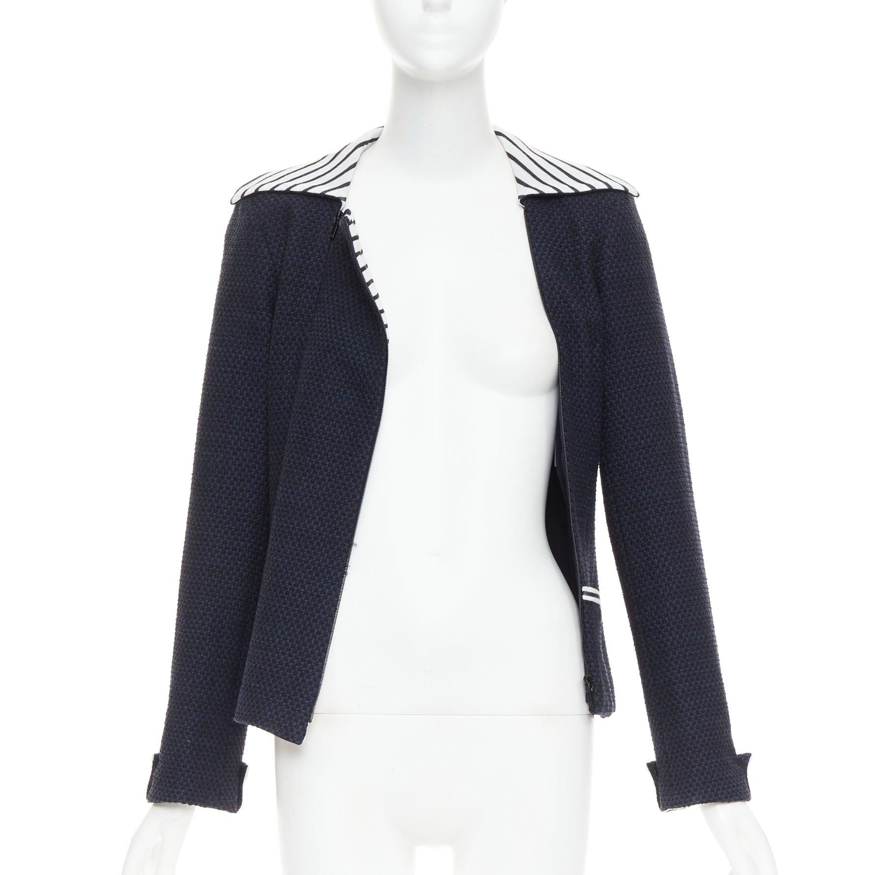 CHANEL 2017 navy weiß schwarz gestreifte nautische Kragen gewebte Jacke FR34 XS (Schwarz) im Angebot