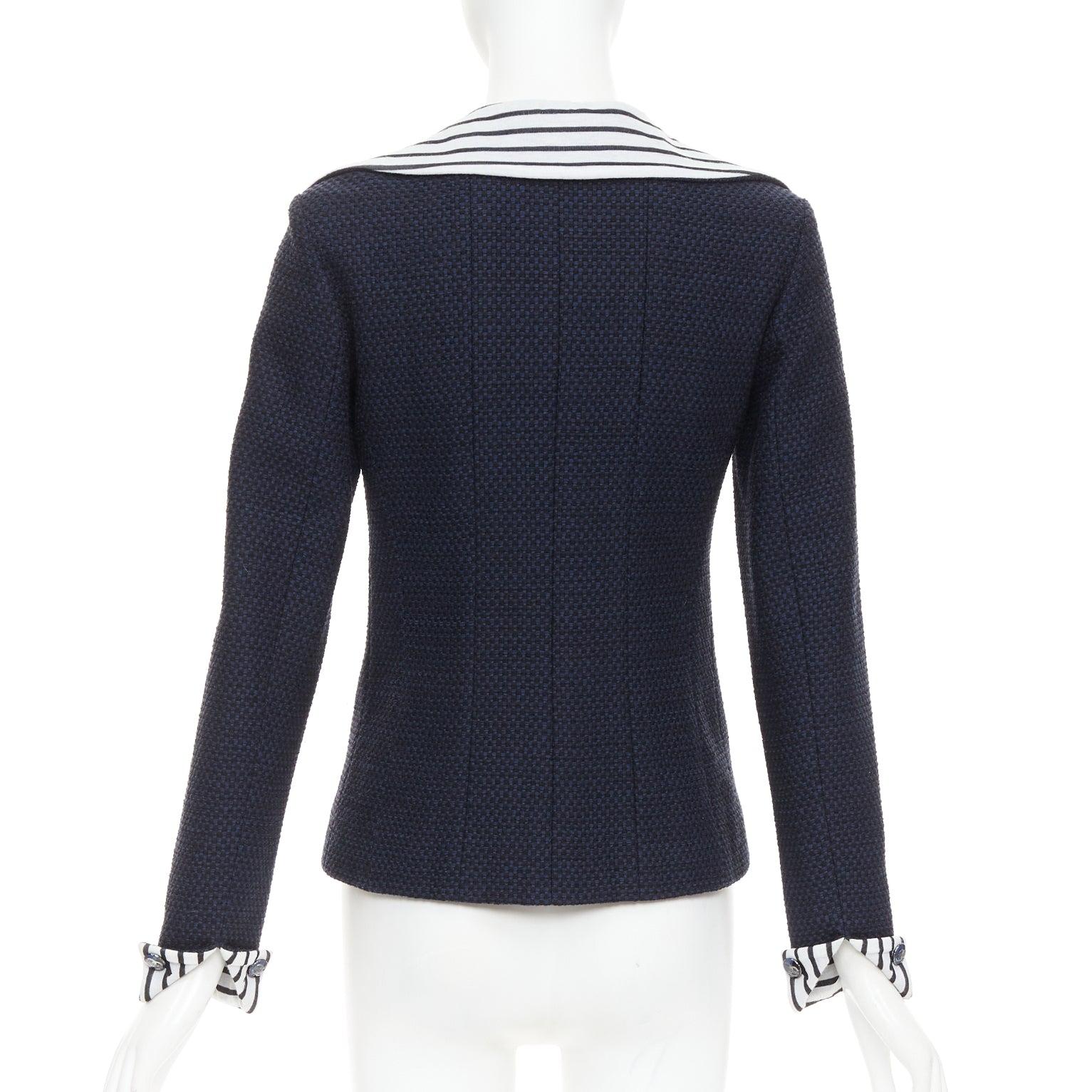 CHANEL 2017 navy weiß schwarz gestreifte nautische Kragen gewebte Jacke FR34 XS im Angebot 1