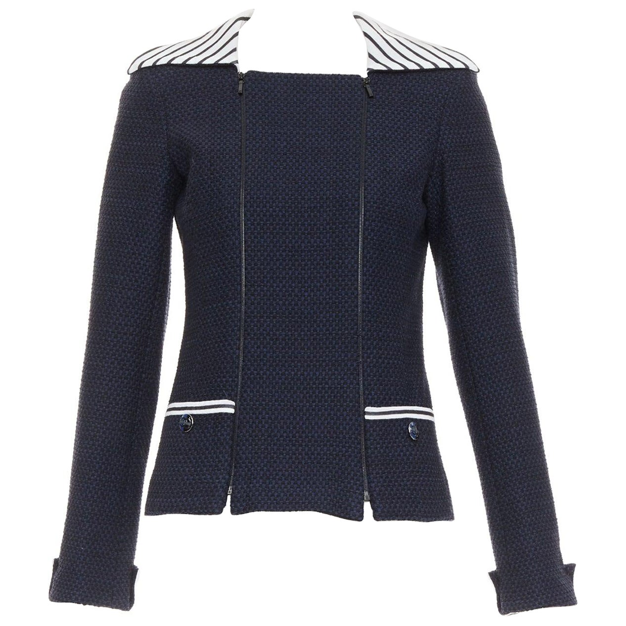 CHANEL 2017 navy weiß schwarz gestreifte nautische Kragen gewebte Jacke FR34 XS im Angebot