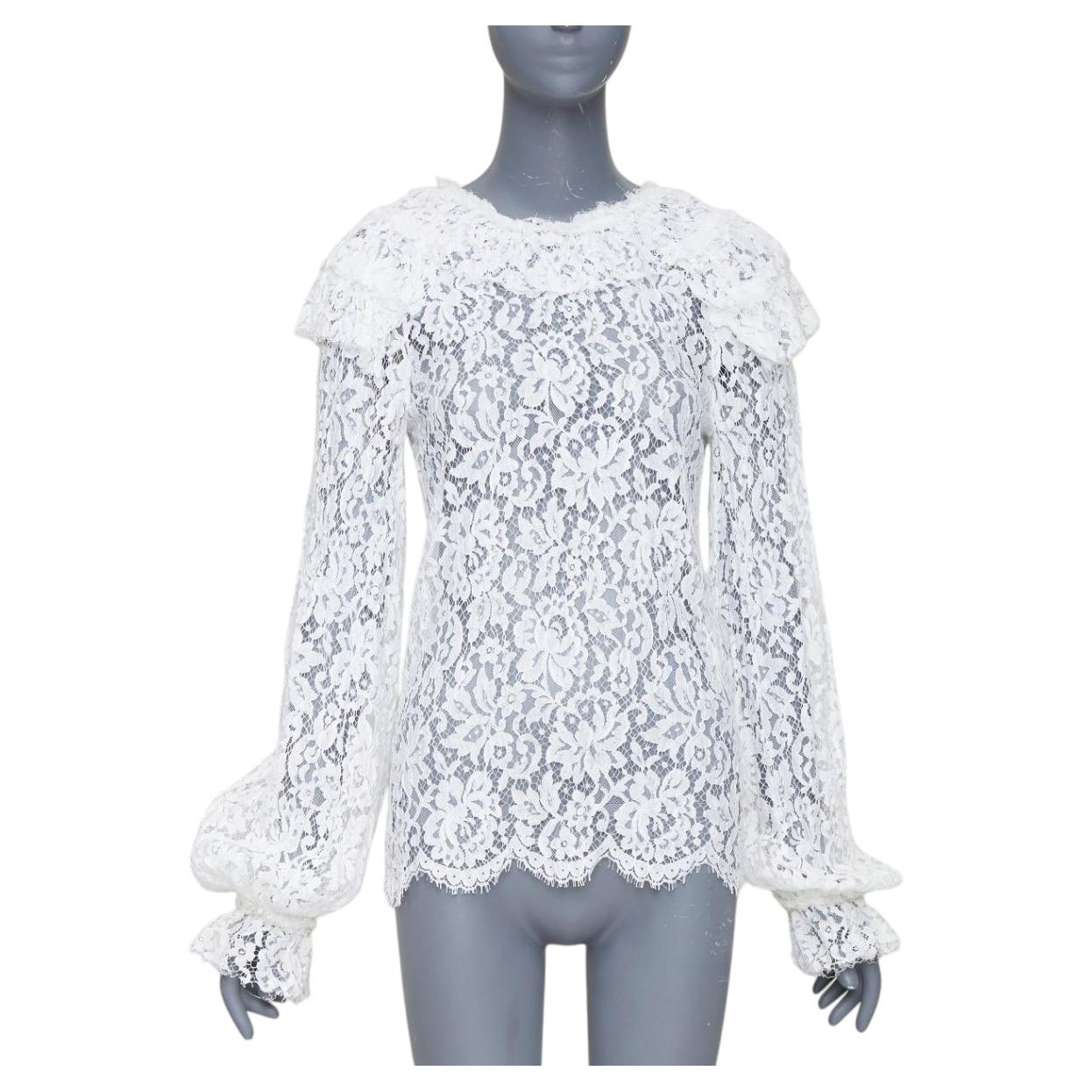 CHANEL 2017 Paris-Cosmopolite white open weave lace ruffle shirt blouse FR38 M