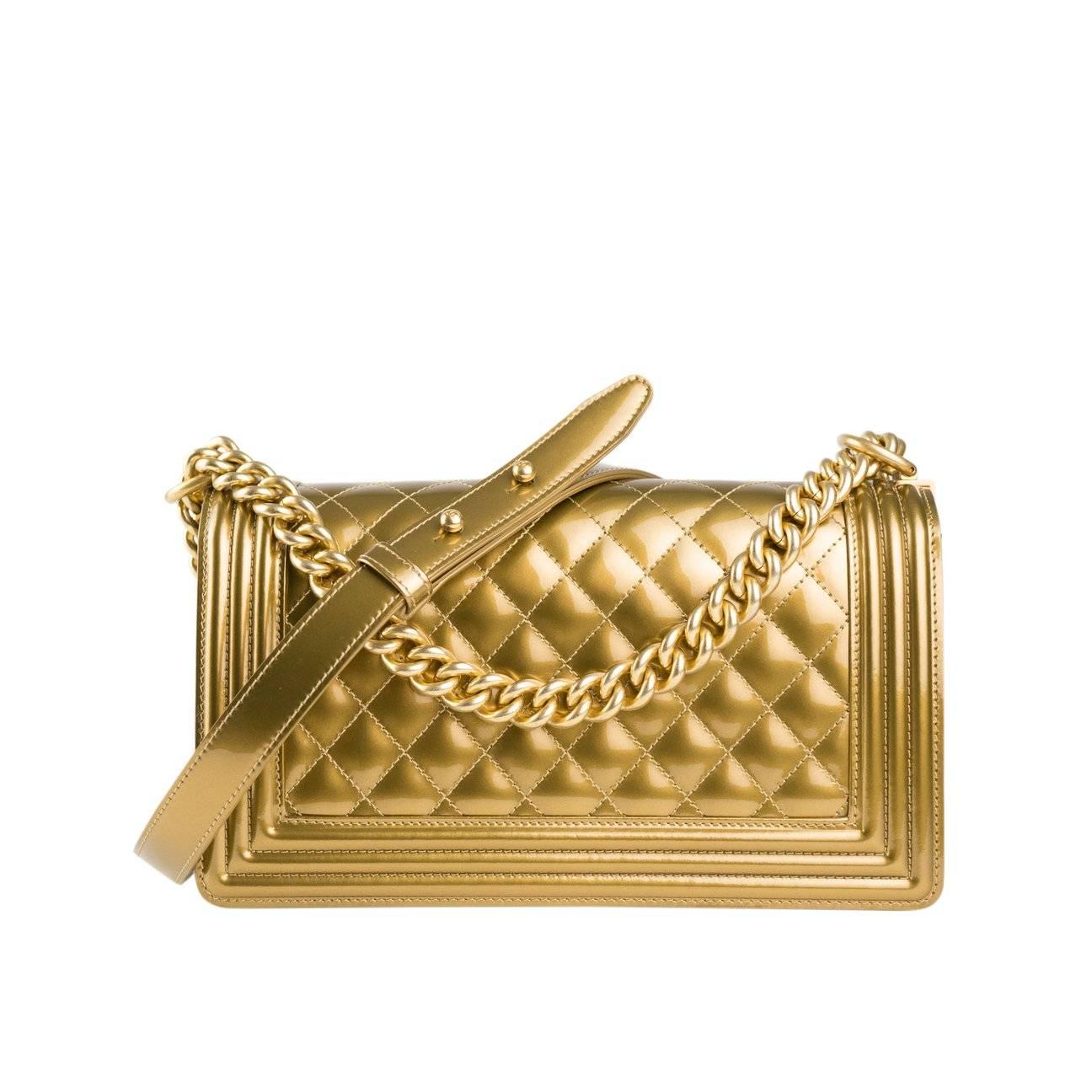 Women's Chanel 2017 Rare Limited Edition Gold Metallic Old Medium Boy Crossbody Bag  For Sale