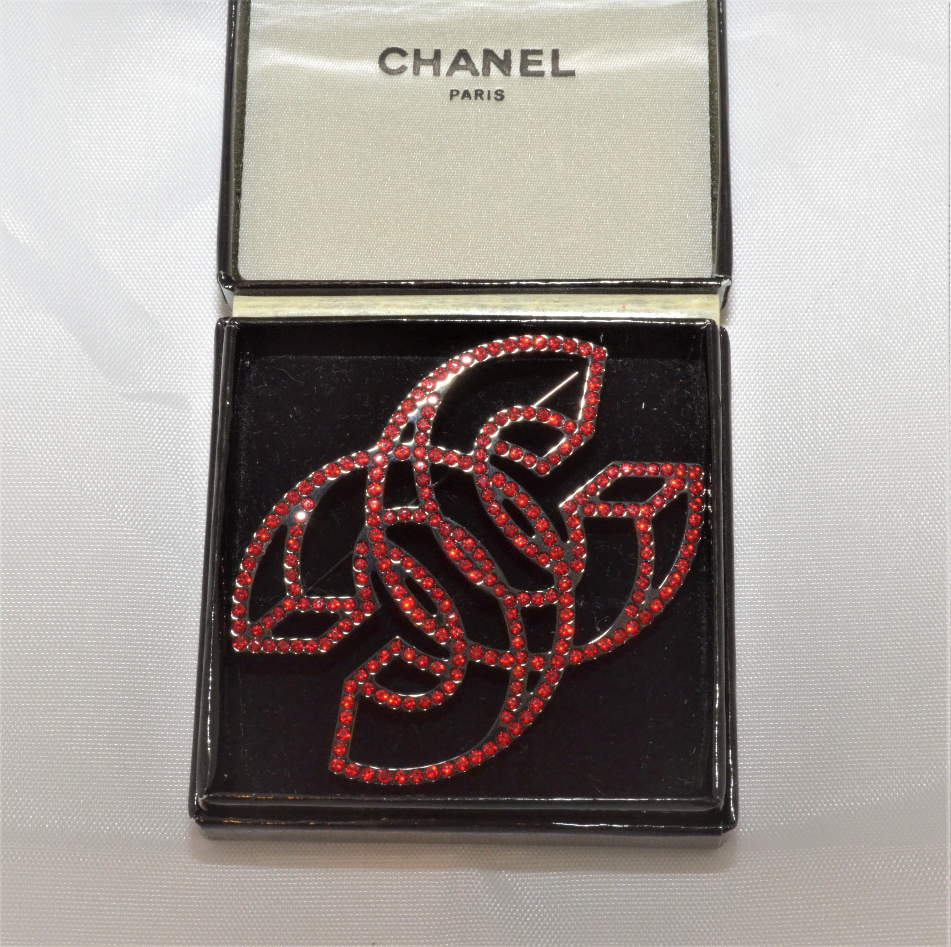 Chanel 2017 Red Crystal CC Cubist Brooch 2