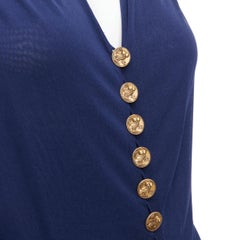 CHANEL 2017 Runway navy gold CC owl logo buttons pleated belted dress FR36 S