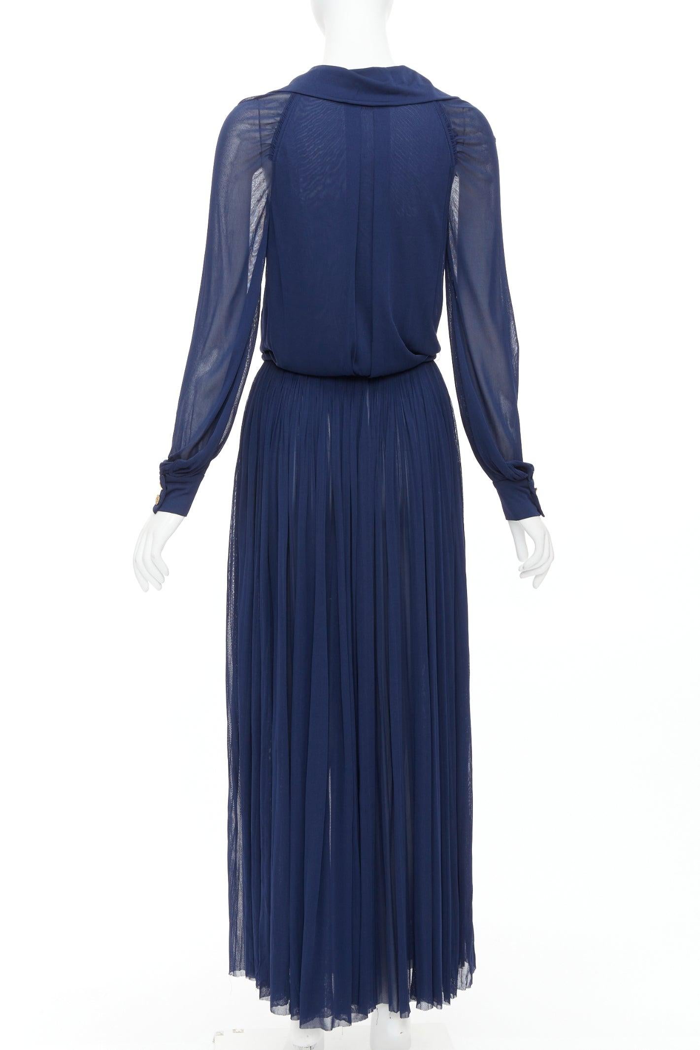 CHANEL 2017 Runway marine or CC logo hibou boutons robe plissée ceinturée FR36 S. Pour femmes en vente