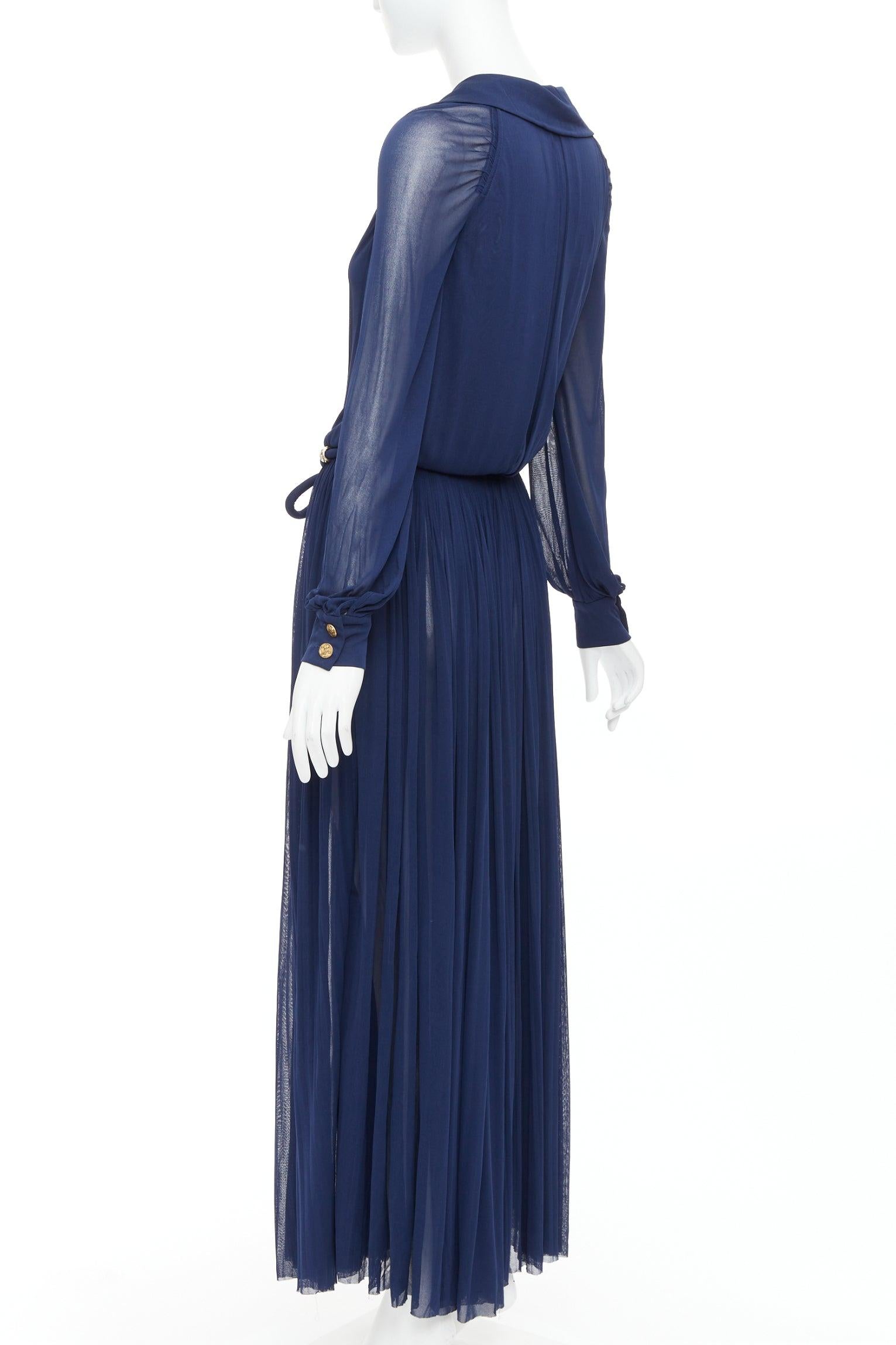 CHANEL 2017 Runway marine or CC logo hibou boutons robe plissée ceinturée FR36 S. en vente 1