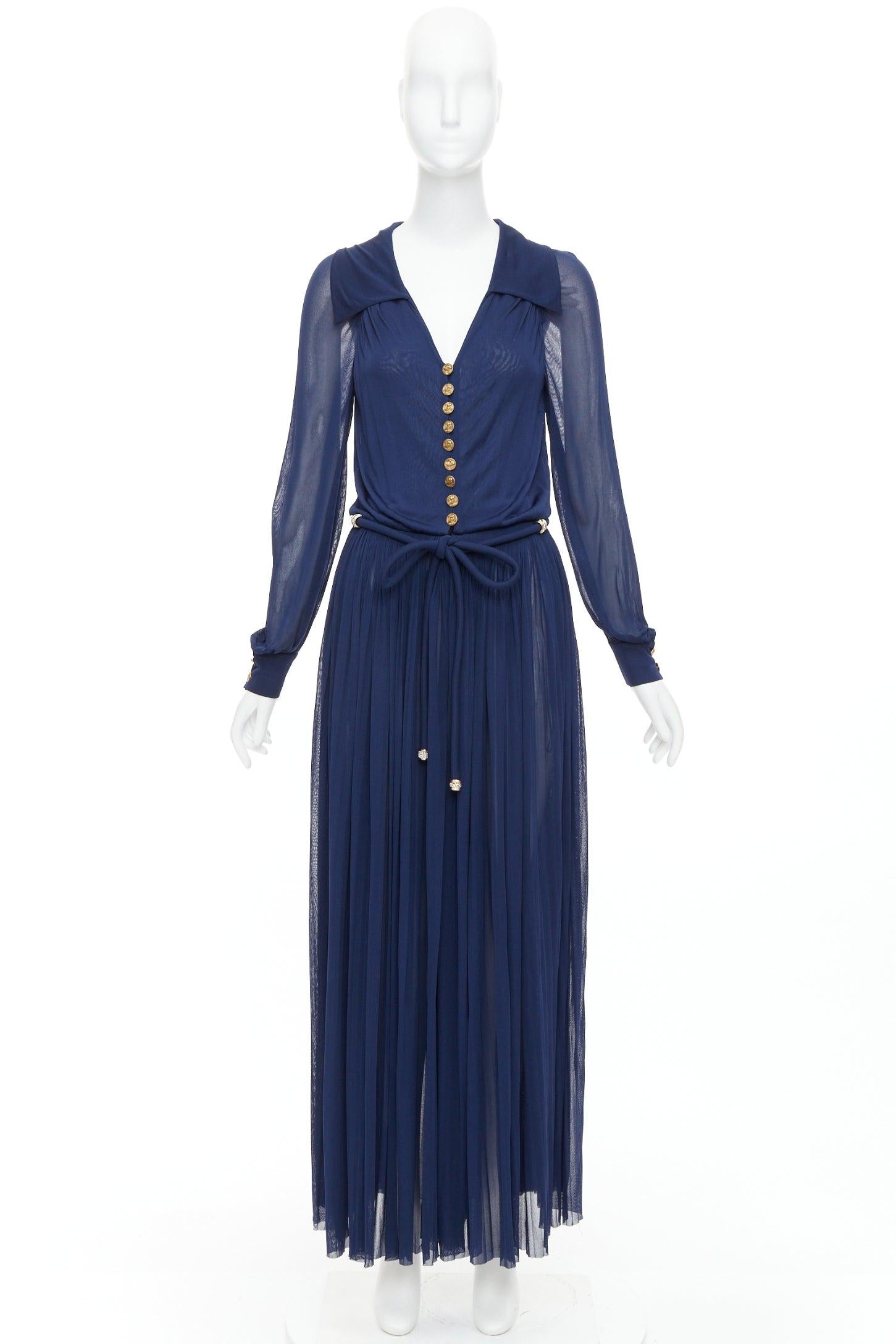 CHANEL 2017 Runway marine or CC logo hibou boutons robe plissée ceinturée FR36 S. en vente 4