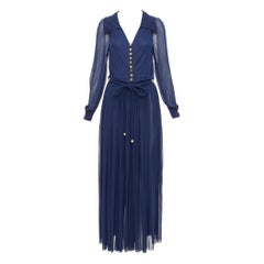 CHANEL 2017 Runway navy gold CC owl logo buttons pleated belted dress FR36 S