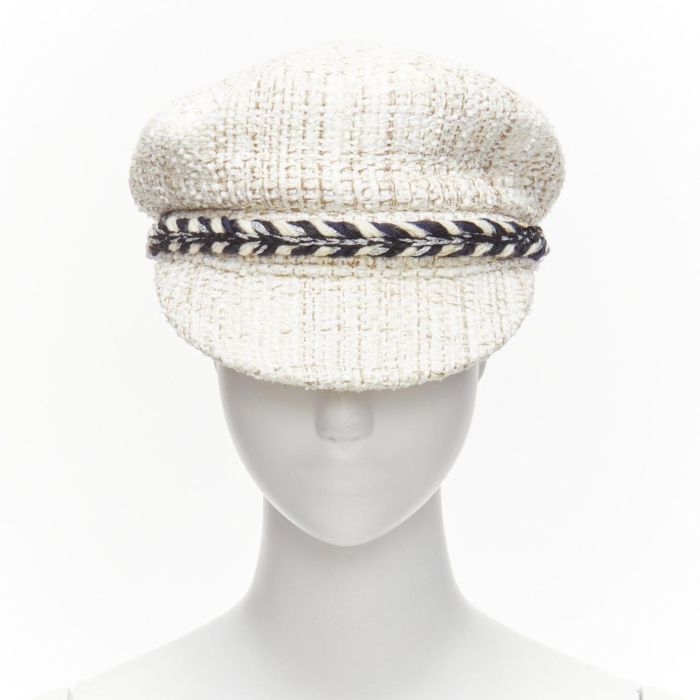 CHANEL 2017 Runway white cotton tweed black rope sailor newsboy hat S In Excellent Condition For Sale In Hong Kong, NT
