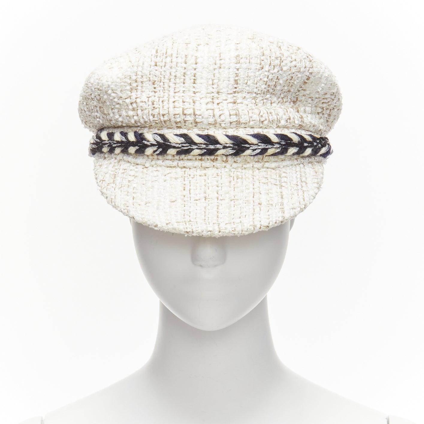 CHANEL 2017 Runway white cotton tweed black rope sailor newsboy hat S In Excellent Condition In Hong Kong, NT
