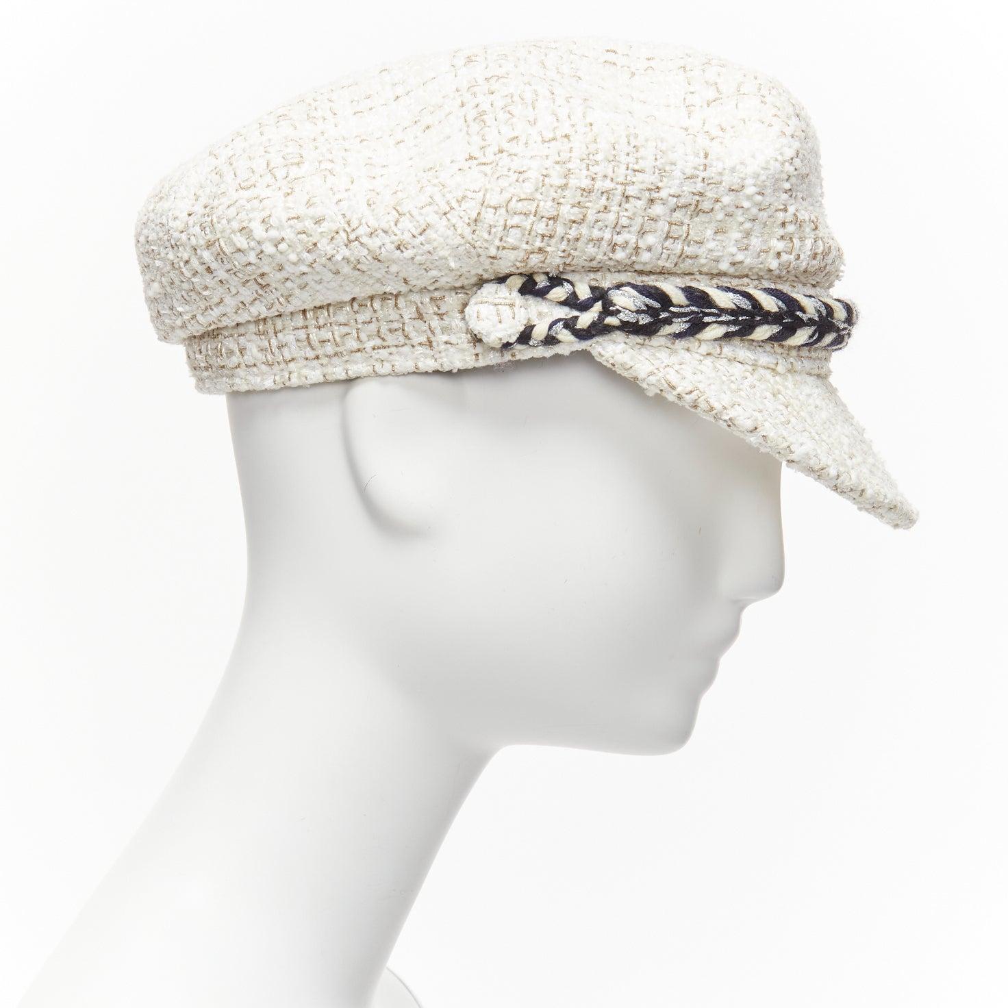 Women's CHANEL 2017 Runway white cotton tweed black rope sailor newsboy hat S For Sale