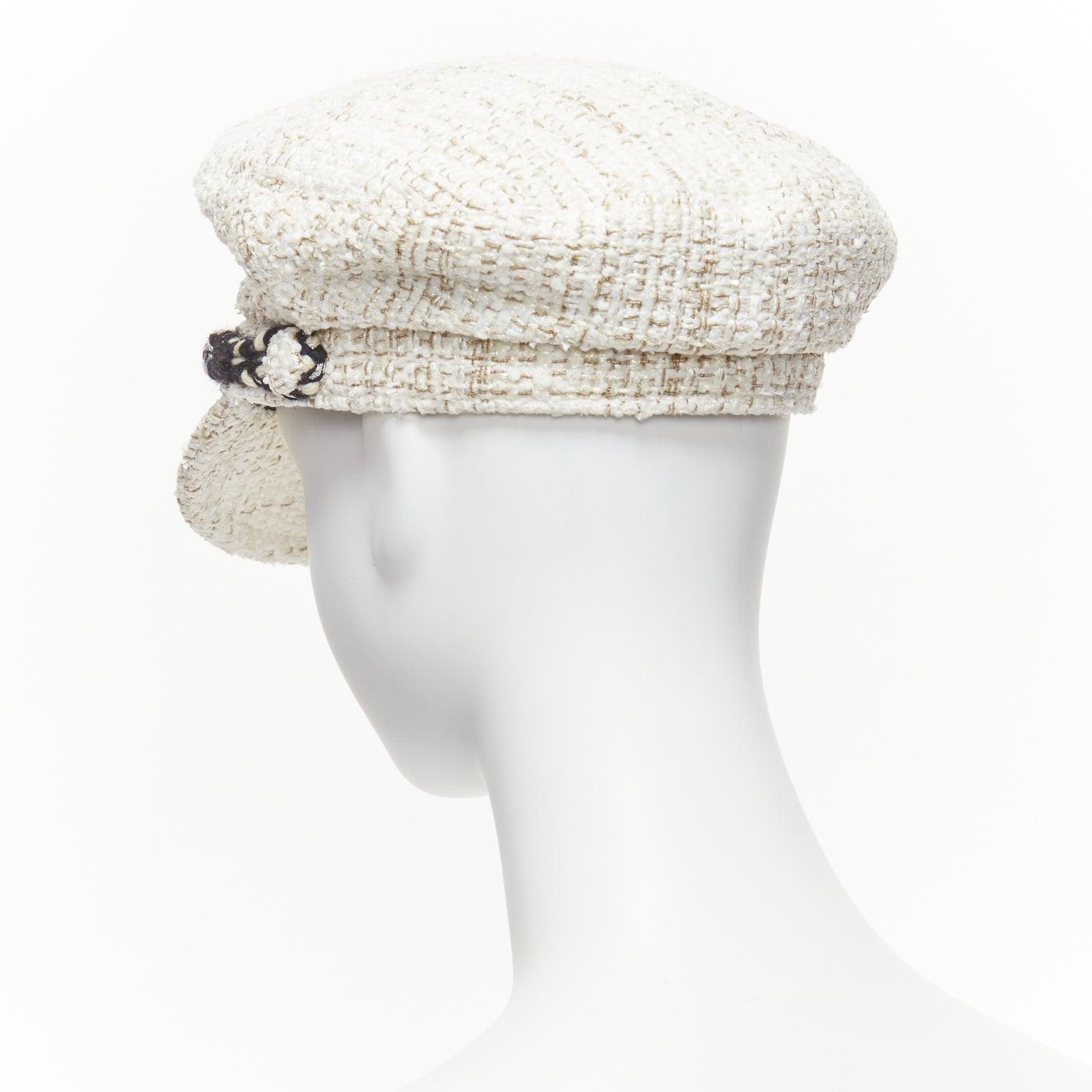 CHANEL 2017 Runway white cotton tweed black rope sailor newsboy hat S For Sale 2