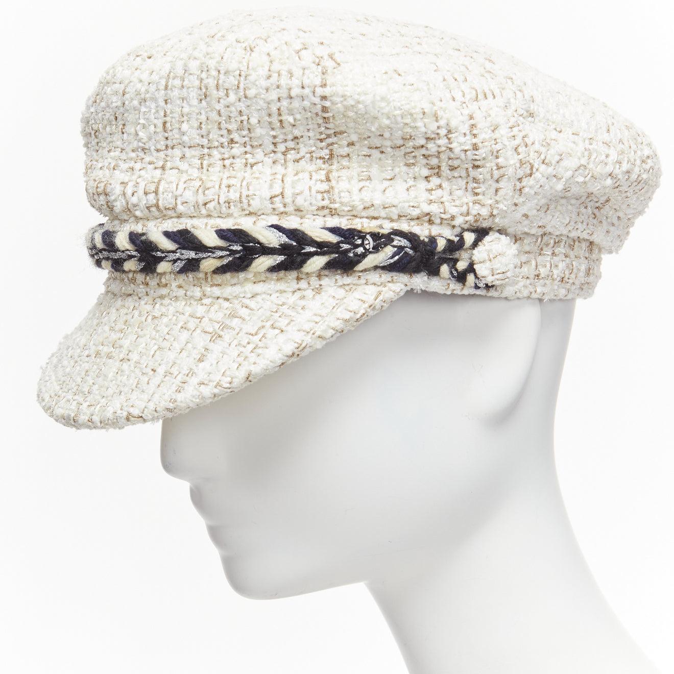 Chanel 2017 Runway white cotton tweed black rope sailor newsboy hat S. en vente 3