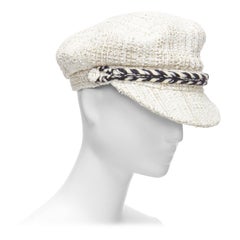 CHANEL 2017 Runway white cotton tweed black rope sailor newsboy hat S