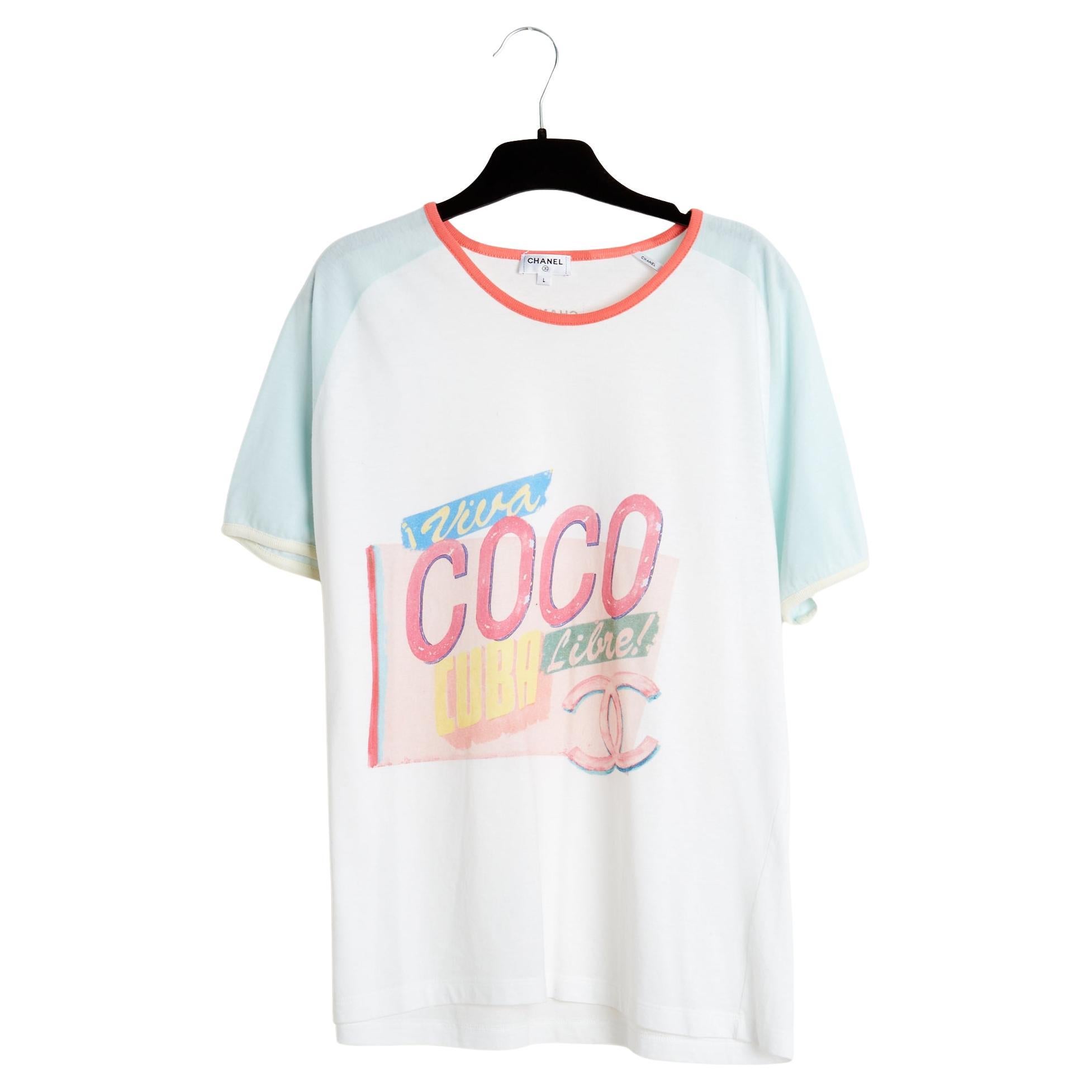 Chanel 2017 Top FR40 Coco Cuba Baby Blue Iconic T Shirt Size L UK12 US10 Pristin For Sale