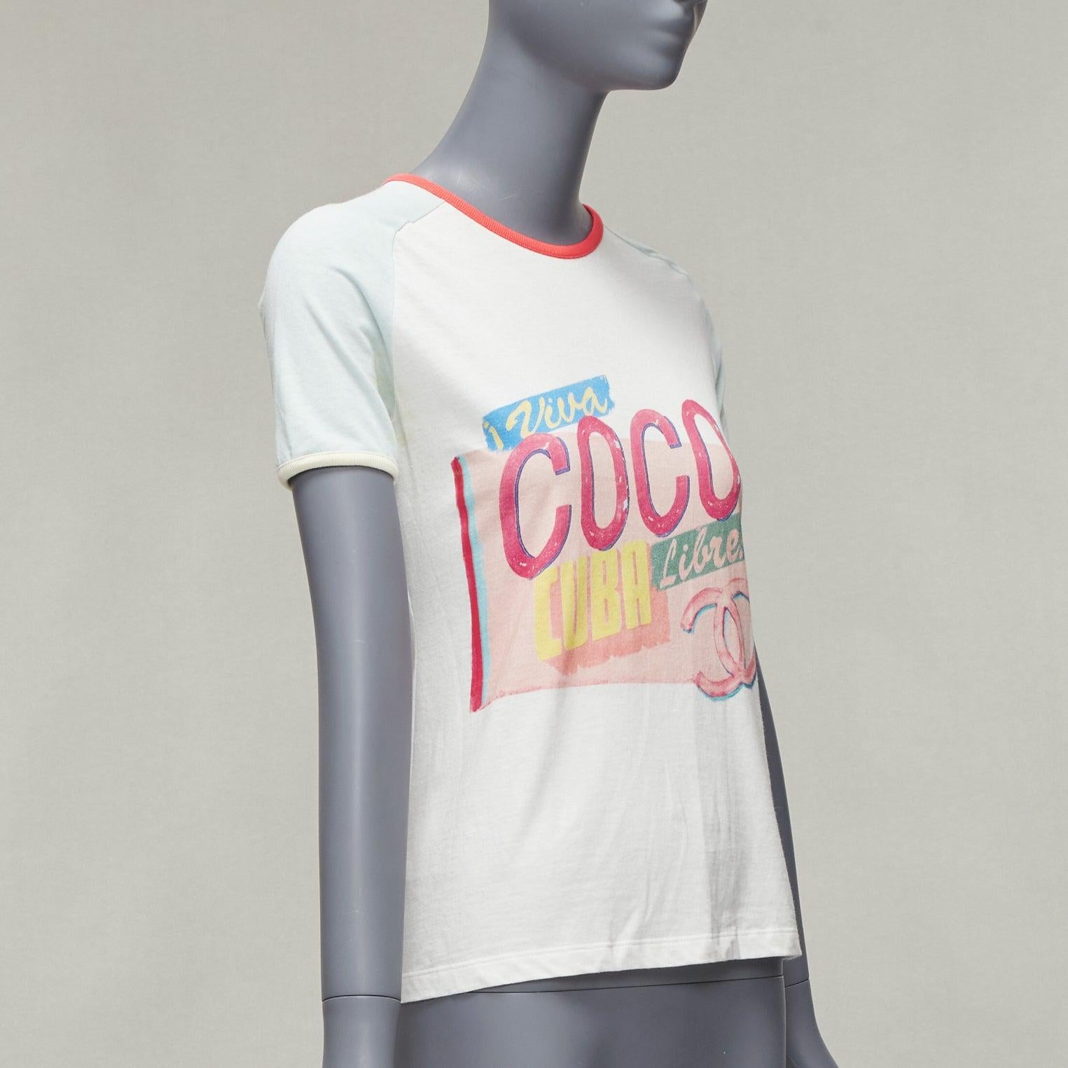 CHANEL 2017 Viva Coco Cuba logo print cotton ringer tshirt XS In Fair Condition For Sale In Hong Kong, NT