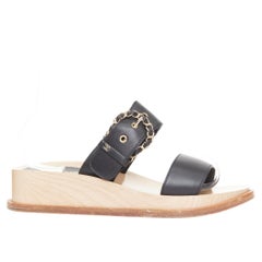 CHANEL 2018 black calfskin leather chain buckle wooden slide wedge  sandals EU38