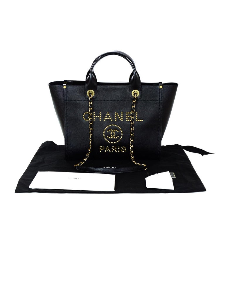 Chanel Small Studded Deauville Tote Black Caviar Gold Hardware