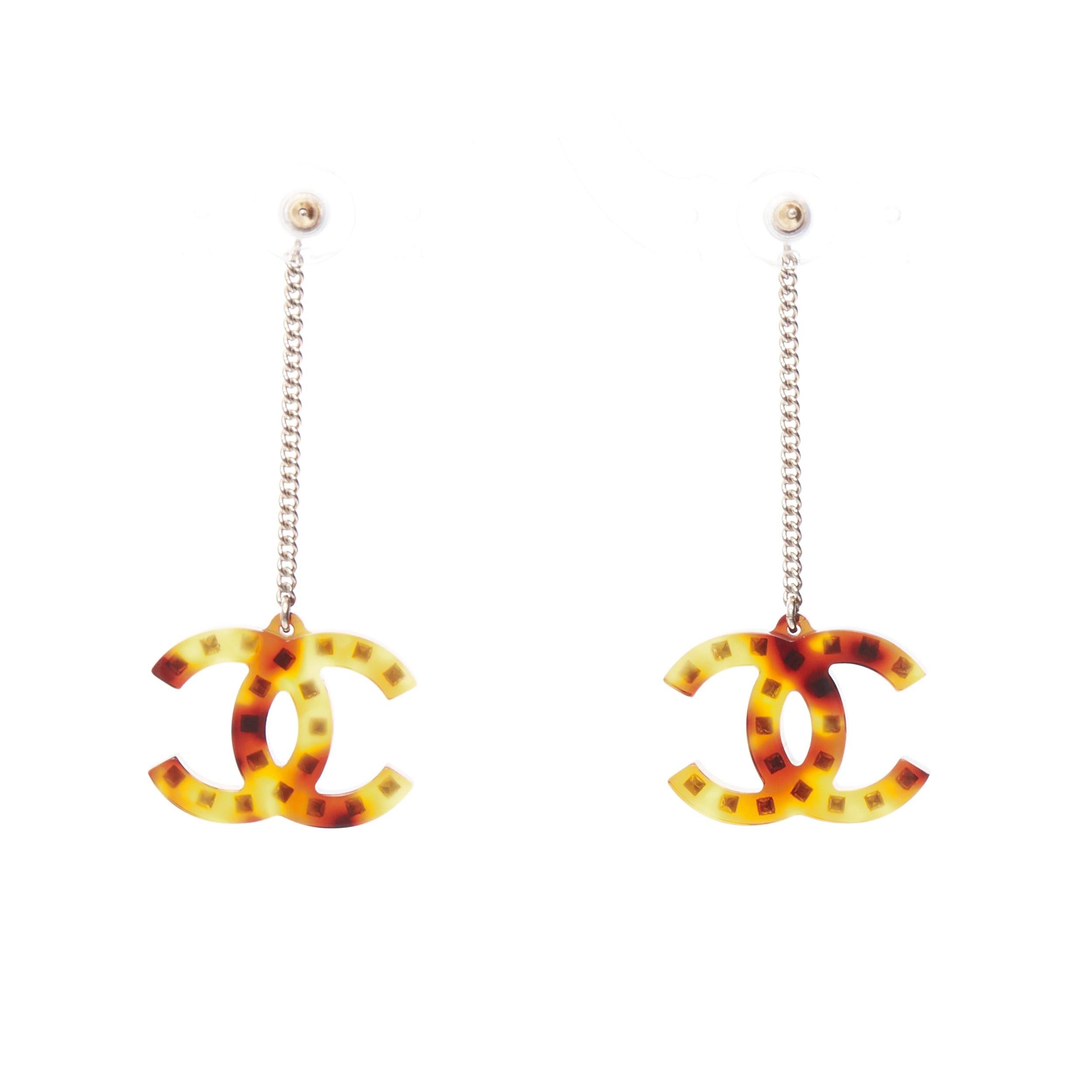 Women's CHANEL 2018 brown tortoise clear resin crystal CC dangling earrings pair