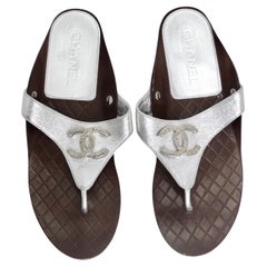 Used Chanel 2018 CC Silver Leather Sandals