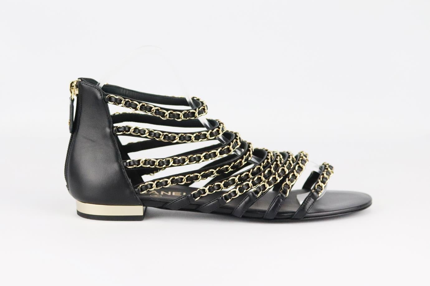 Chanel 2018 chain detailed leather sandals. Black. Zip fastening at back. Does not come with box or dustbag. Size: EU 39 (UK 6, US 9). Insole: 10 in. Heel: 0.5 in
