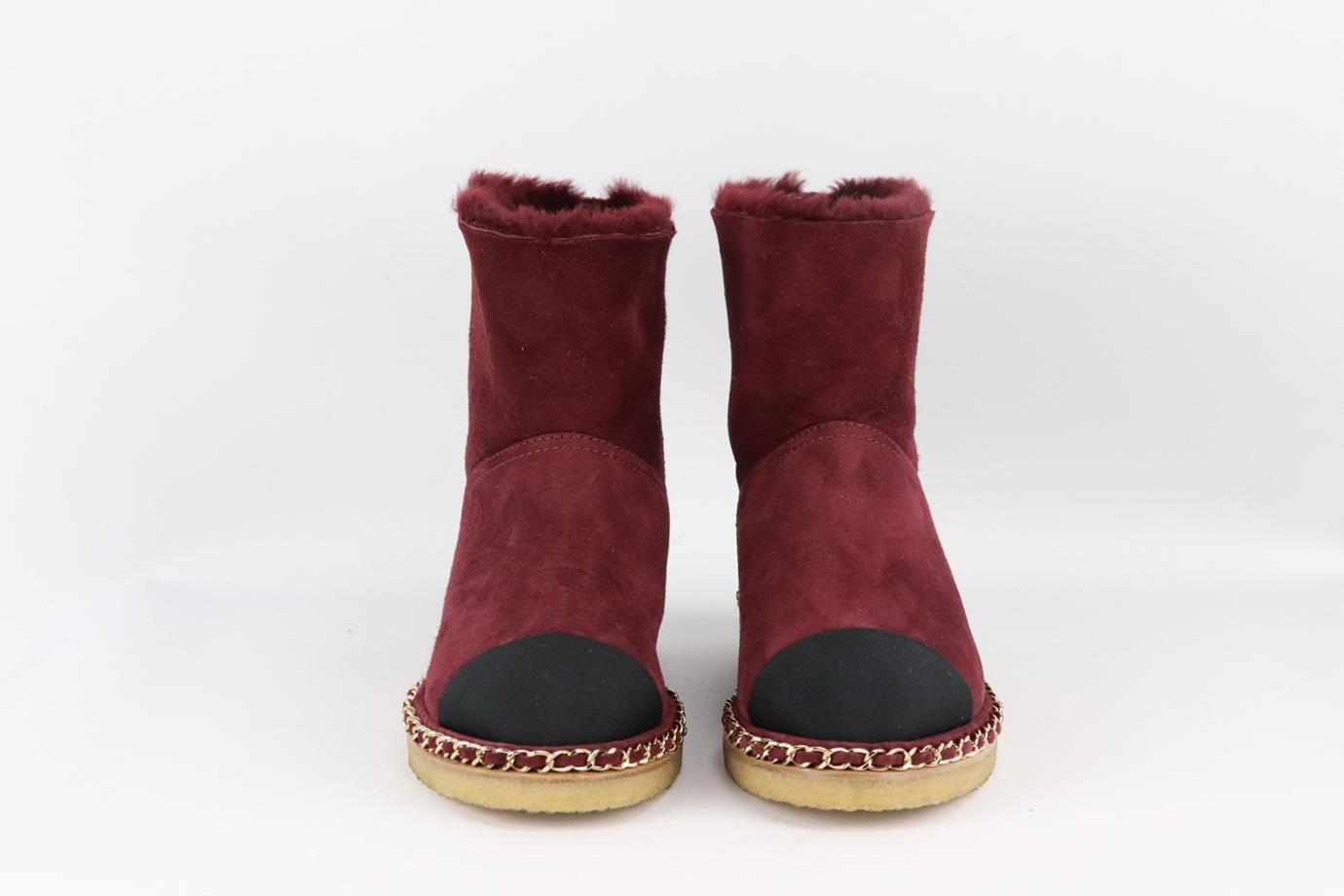 Brown Chanel 2018 Chain Detailed Shearling Lined Suede Ankle Boots Eu 38 Uk 5 Us 8