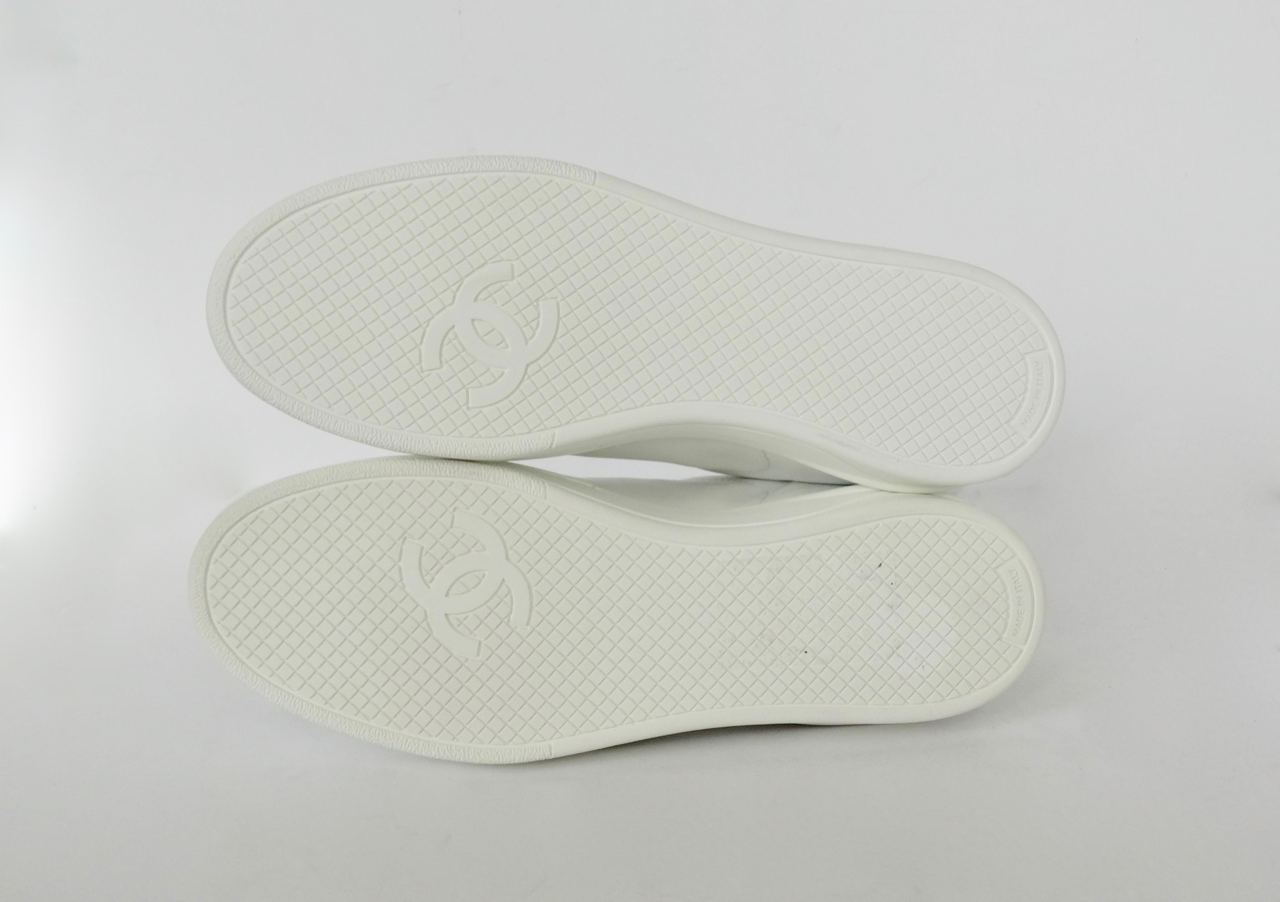 Gray Chanel 2018 'Chanel' Lace-Up White Leather Sneakers