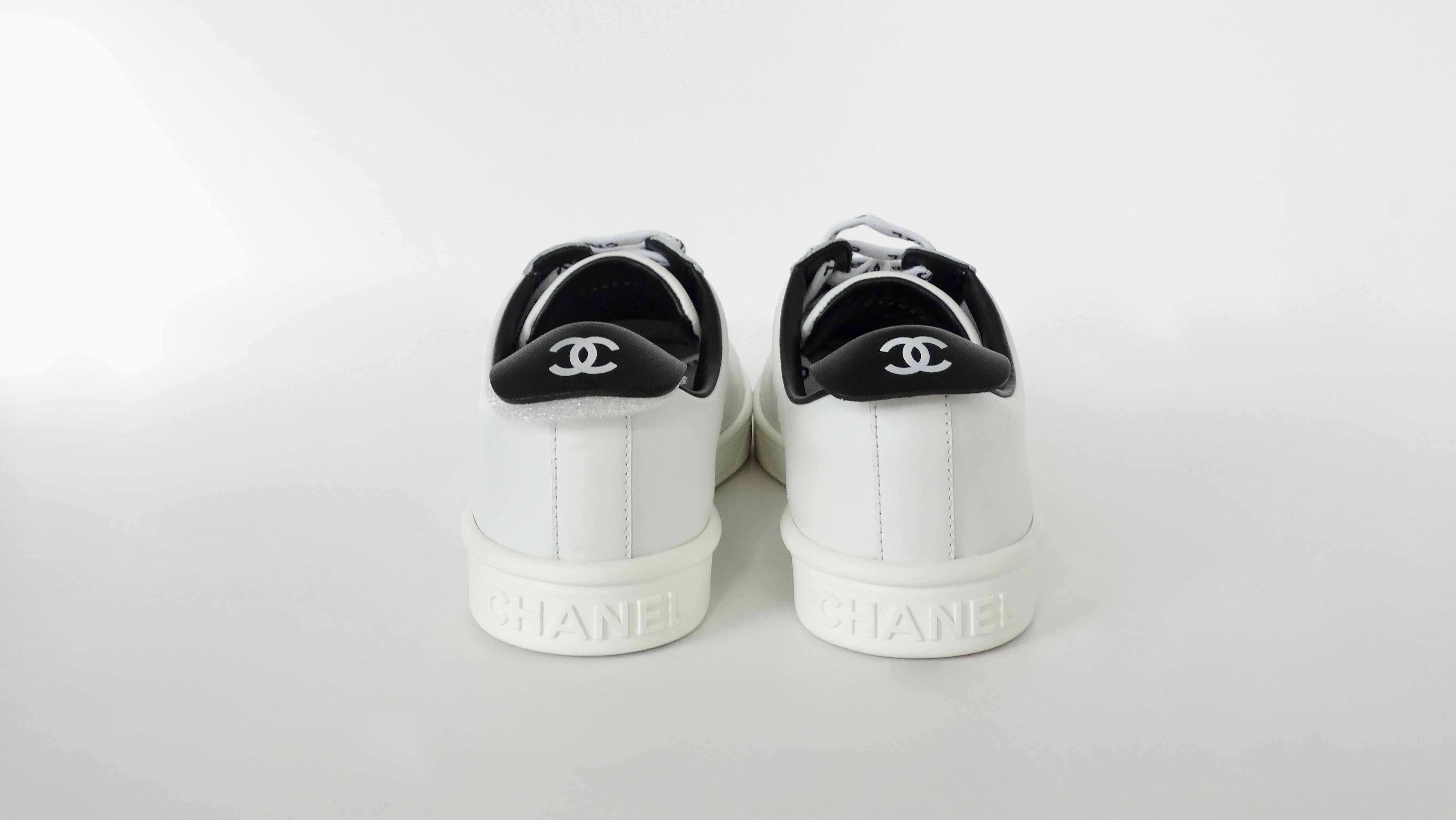 Chanel 2018 'Chanel' Lace-Up White Leather Sneakers  In New Condition In Scottsdale, AZ