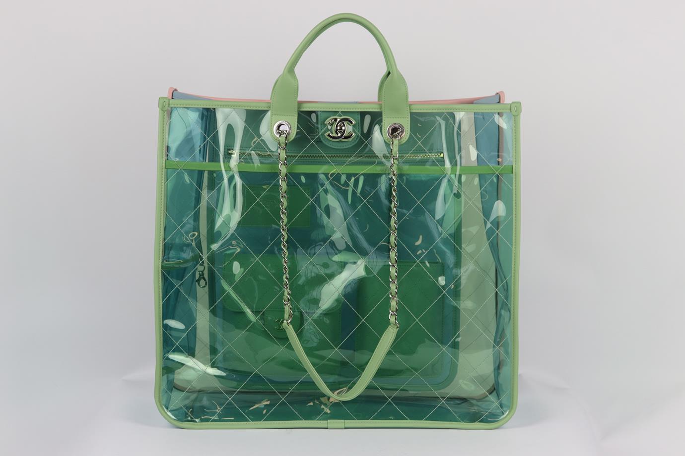 Chanel 2018 Coco Splash quilted perspex and leather tote bag. Made in Italy, this beautiful 2018 ‘Coco Splash’ tote bag has been made from light-green quilted perspex exterior with light-blue leather interior detail, this piece is decorated with a