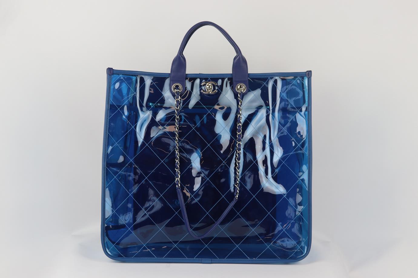 <ul>
<li>Chanel 2018 Coco Splash quilted perspex and leather tote bag.</li>
<li>Made in Italy, this beautiful 2018 ‘Coco Splash’ tote bag has been made from blue quilted perspex exterior with blue leather interior detail, this piece is decorated