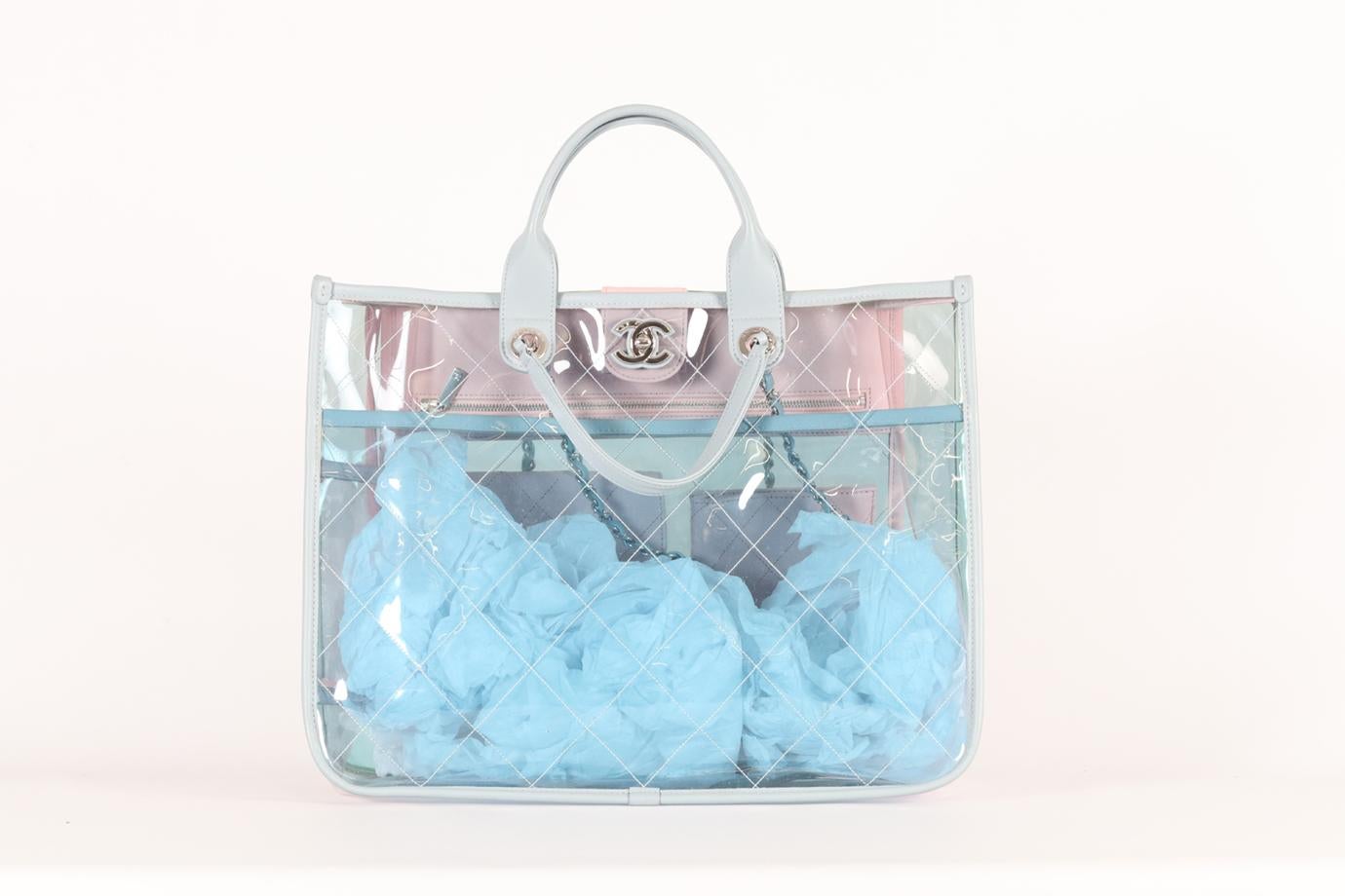 <ul>
<li>Chanel 2018 Coco Splash Quilted Perspex And Leather Tote Bag.</li>
<li>Blue, pink and green.</li>
<li>Magnetic fastening - Top.</li>
<li>Comes with Authenticity Card.</li>
<li>Does not come with - dustbag or box.</li>
<li><strong>Height: 12