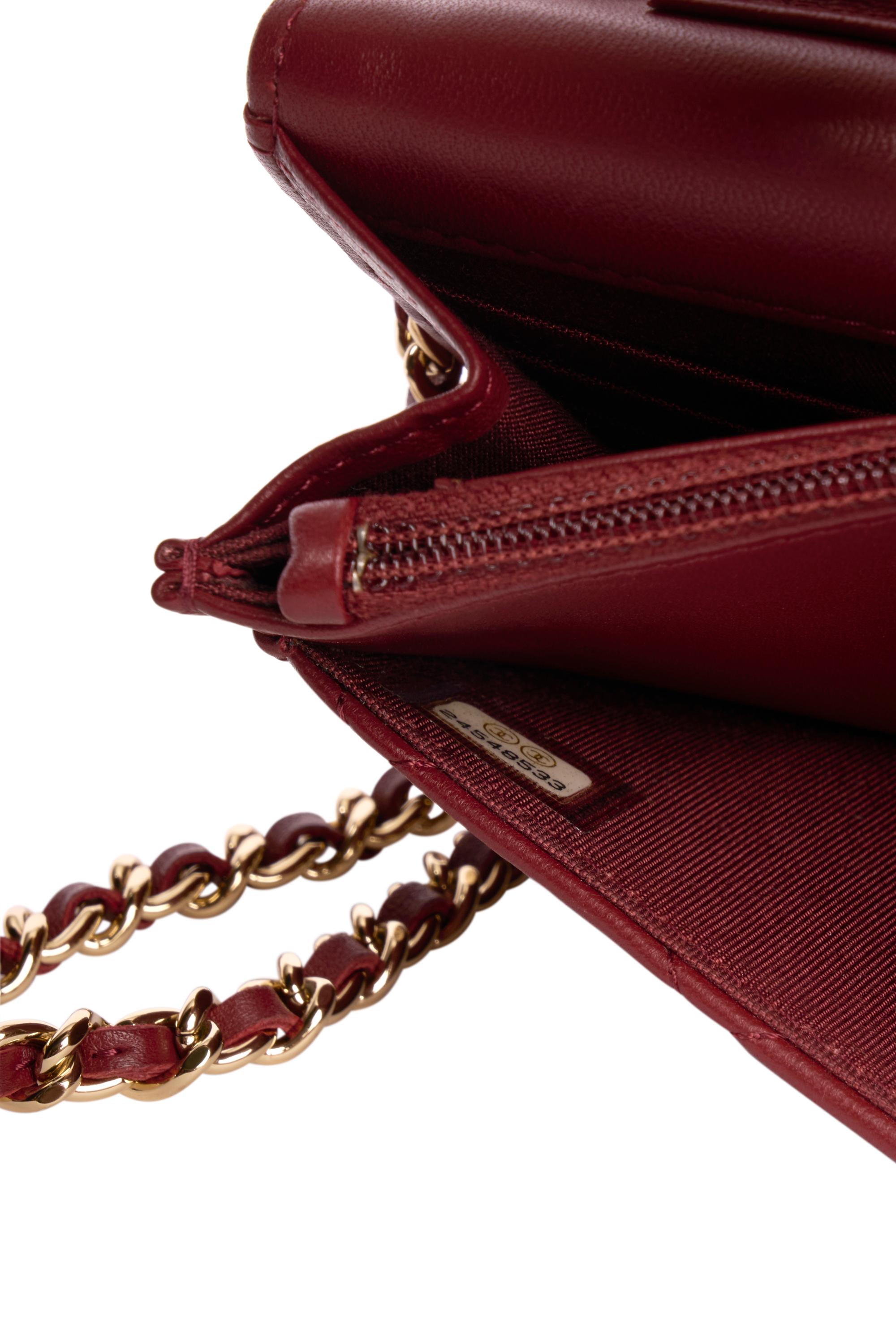 Chanel 2018 Dark Red Lambskin Matelasse Wallet On Chain For Sale 3