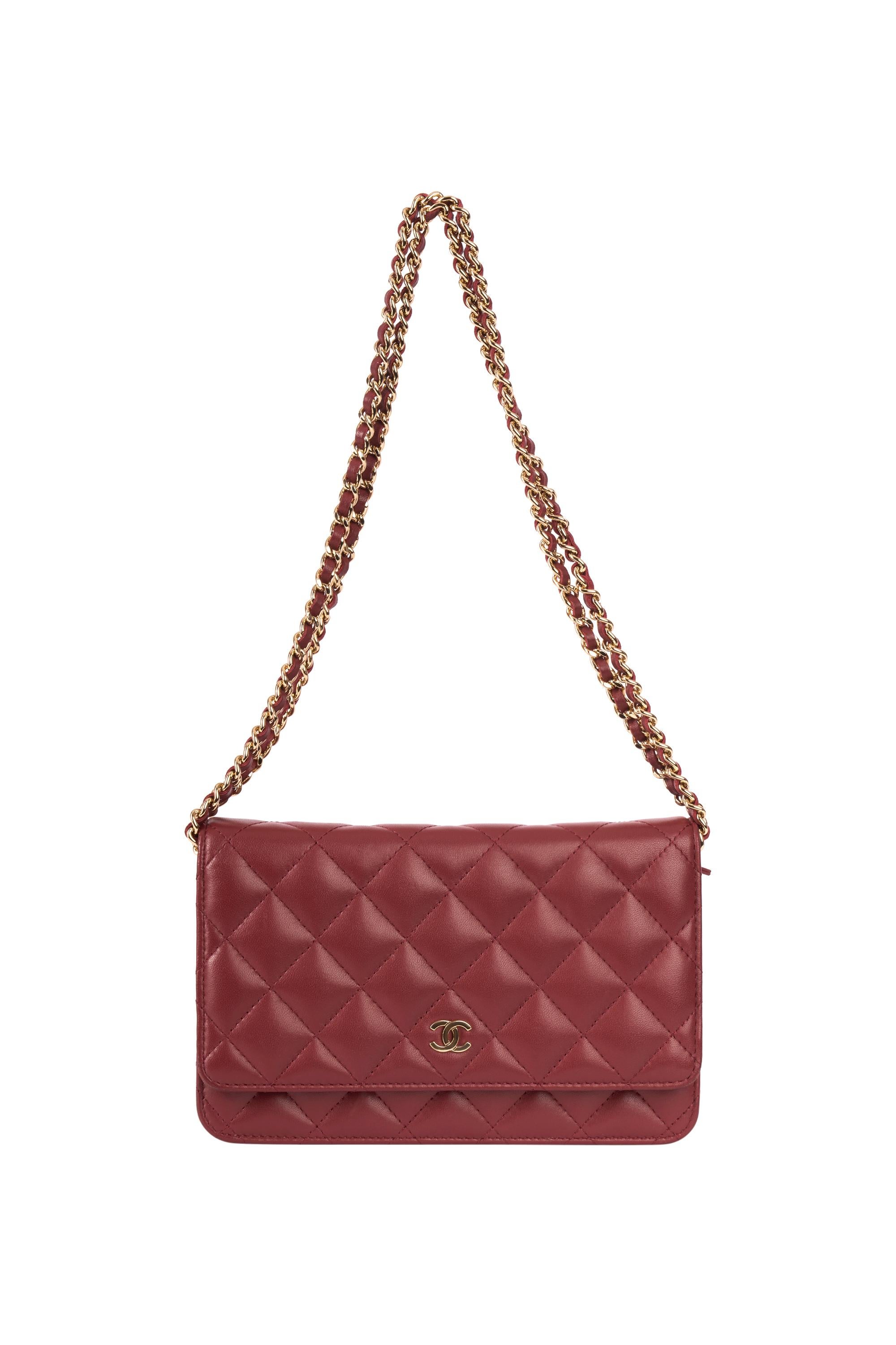 Chanel 2018 Dark Red Lambskin Matelasse Wallet On Chain For Sale 4