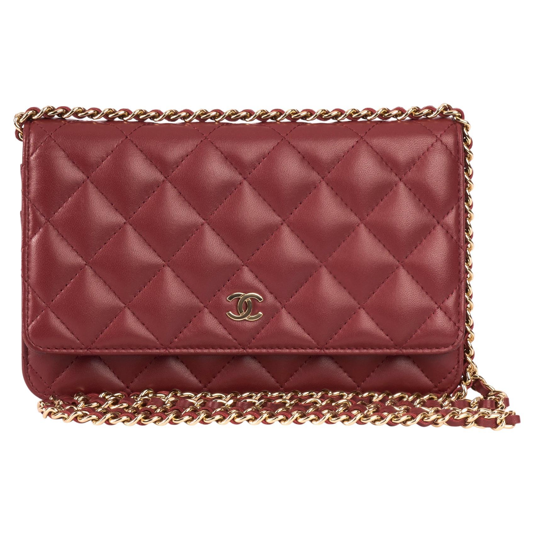 Chanel 2018 Dark Red Lambskin Matelasse Wallet On Chain For Sale