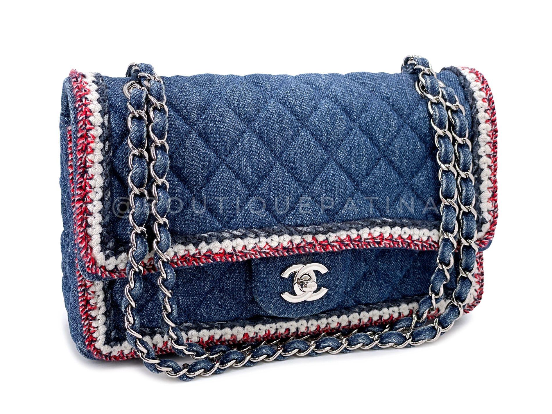 Store item: 67966
Chanel 2018 Framed Denim Medium Classic Flap Bag SHW is a whimsical yet chic Chanel classic with a tweed frame trim, double woven chain strap and blue lambskin interior. 

Interestingly, this is not a double flap but a single flap
