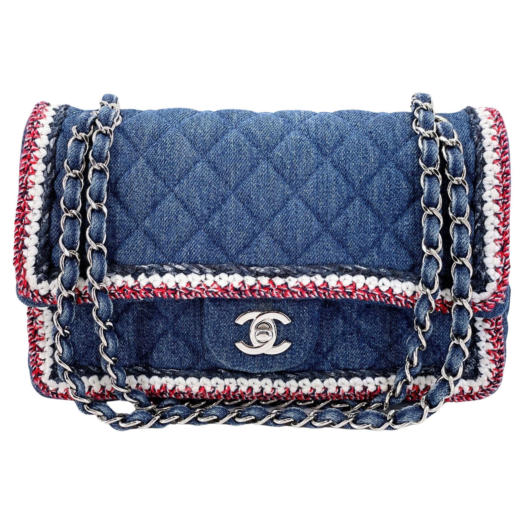 Chanel 2018 Framed Denim Medium Classic Flap Bag SHW 67966 For Sale
