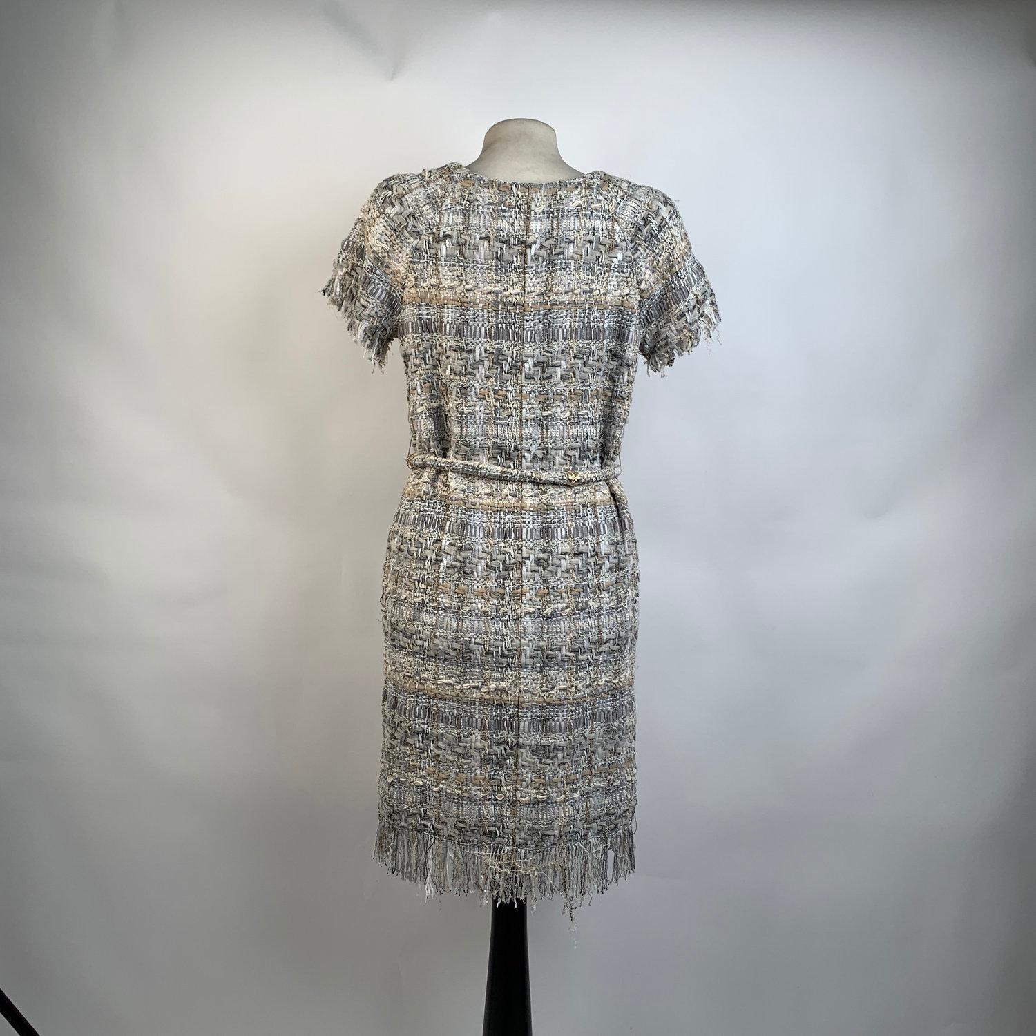 Chanel 2018 Gray Lesage Tweed Zip Up Dress Fringe Trim Size 34 1