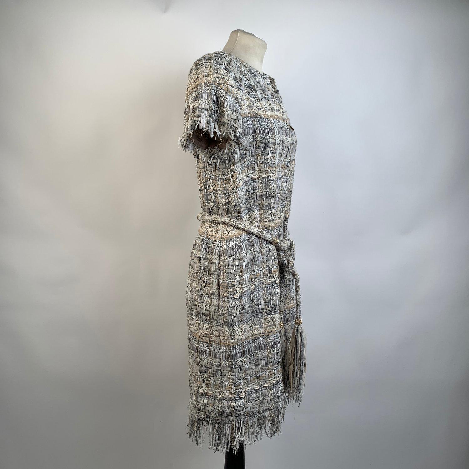Chanel 2018 Gray Lesage Tweed Zip Up Dress Fringe Trim Size 34 2