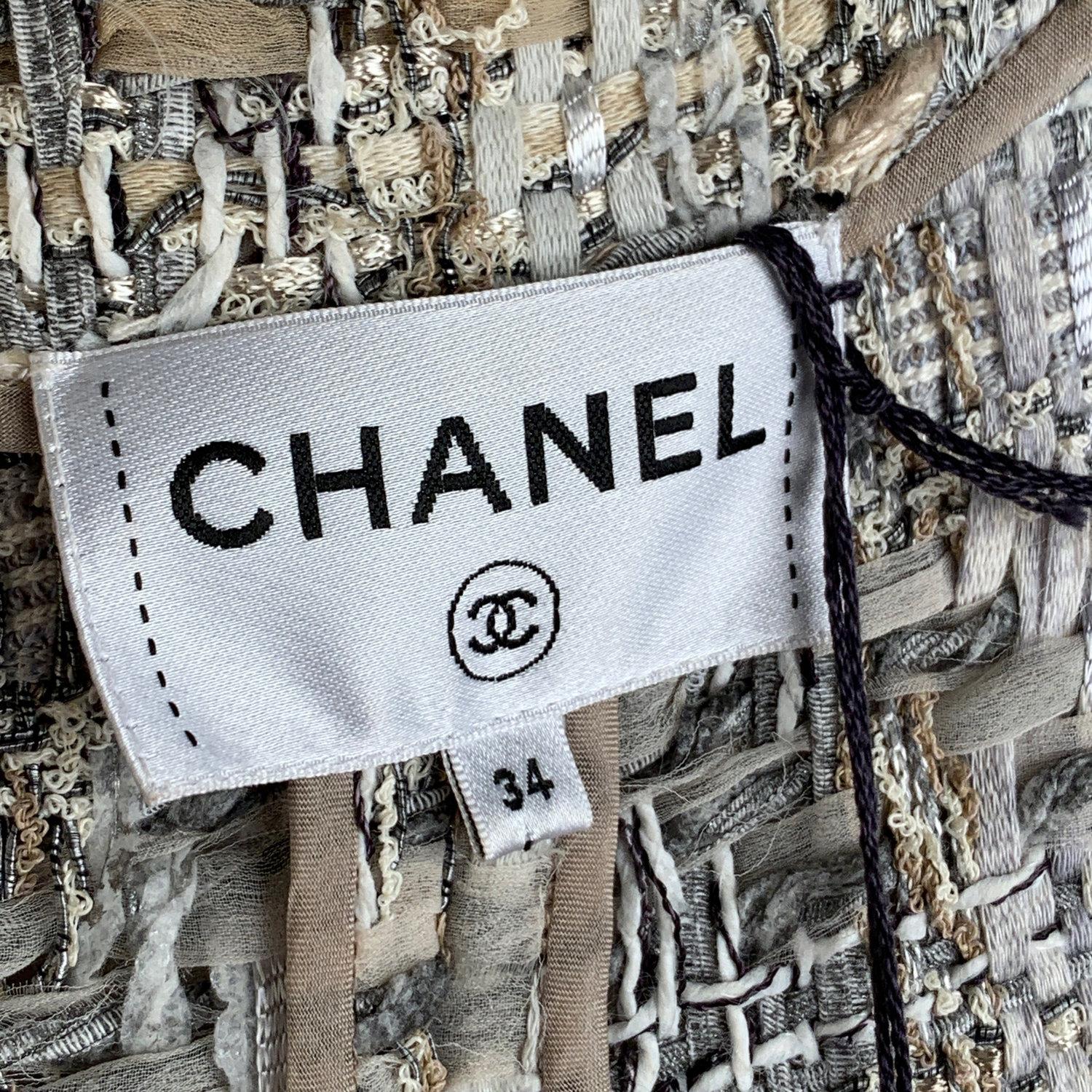 Chanel 2018 Gray Lesage Tweed Zip Up Dress Fringe Trim Size 34 4